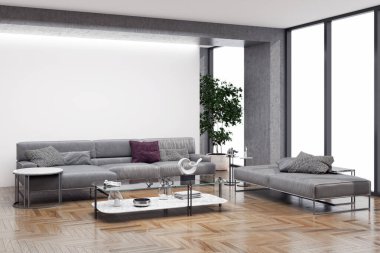 3D tasviri, büyük lüks, modern, parlak iç mekânlar sunuyor. Oturma odasındaki model bilgisayar dijital olarak üretiliyor.