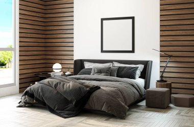 Modern, parlak yatak odası içerisi 3D resimleme bilgisayarı oluşturulmuş resim