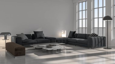 3D tasviri, büyük lüks, modern, parlak iç mekânlar sunuyor. Oturma odasındaki model bilgisayar dijital olarak üretiliyor.