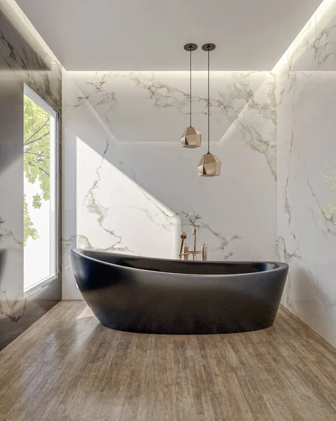 现代明亮的浴室内部3D渲染插图 — 图库照片