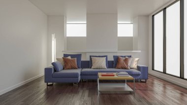 3D tasviri, büyük lüks, modern, parlak iç mekânlar sunuyor. Oturma odasındaki model bilgisayarlar dijital olarak oluşturuluyor.