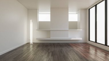 3D tasviri, büyük lüks, modern, parlak iç mekânlar sunuyor. Oturma odasındaki model bilgisayarlar dijital olarak oluşturuluyor.