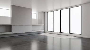 3D tasviri, büyük lüks, modern, parlak iç mekânlar sunuyor. Oturma odasındaki model bilgisayarlar dijital olarak oluşturuluyor.