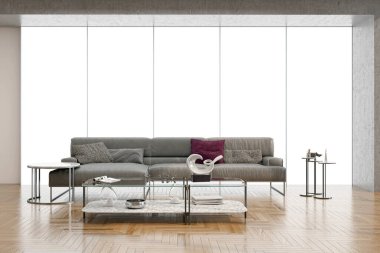 3D tasviri, büyük lüks, modern, parlak iç mekânlar sunuyor. Oturma odasındaki model bilgisayarlar dijital olarak oluşturuluyor.