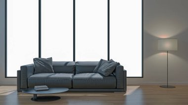 3D tasviri, büyük lüks, modern, parlak iç mekânlar sunuyor. Oturma odasındaki model bilgisayarlar dijital olarak oluşturuluyor.