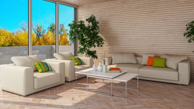 3D tasviri, büyük lüks, modern, parlak iç mekânlar sunuyor. Oturma odasındaki model bilgisayarlar dijital olarak oluşturuluyor.