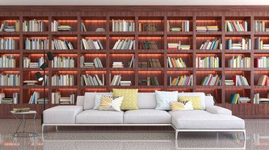 3D tasviri, büyük lüks, modern, parlak iç mekânlar sunuyor. Oturma odasındaki model bilgisayarlar dijital olarak oluşturuluyor.