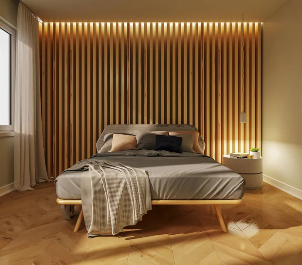 モダンな明るいベッドルームのインテリア3Dレンダリングイラストコンピュータ生成画像 — ストック写真