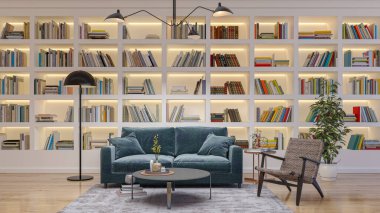 3D tasviri, büyük lüks, modern, parlak iç mekânlar sunuyor. Oturma odasındaki model bilgisayarlar dijital olarak oluşturuluyor.