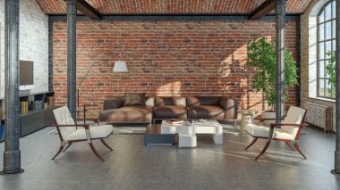 3D tasviri, büyük lüks, modern, parlak iç mekânlar sunuyor. Oturma odasındaki model bilgisayarlar dijital olarak oluşturuluyor.