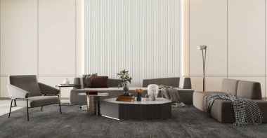 3D tasviri, büyük lüks, modern, parlak iç mekânlar sunuyor. Oturma odasındaki model bilgisayarlar dijital olarak oluşturuluyor.