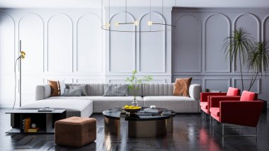 3D tasviri, büyük lüks, modern, parlak iç mekânlar sunuyor. Oturma odasındaki model bilgisayarlar dijital olarak oluşturuluyor.