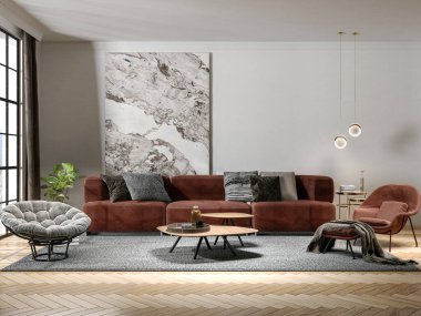 3D tasviri, büyük lüks, modern, parlak iç mekânlar sunuyor. Oturma odasındaki model bilgisayarlar dijital olarak oluşturuluyor.