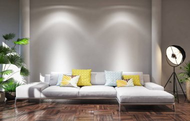 3D tasviri, büyük lüks, modern, parlak iç mekânlar sunuyor. Oturma odasındaki model bilgisayarlar dijital olarak oluşturuluyor.
