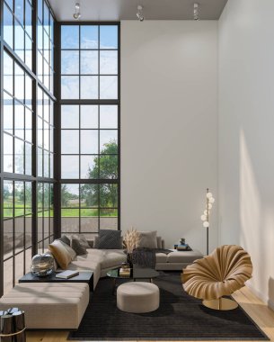 3D tasviri, büyük lüks, modern, parlak iç mekânlar sunuyor. Oturma odasındaki model bilgisayarlar dijital olarak oluşturuluyor.