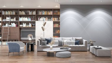 3D tasviri, büyük lüks, modern, parlak iç mekânlar sunuyor. Oturma odasındaki model bilgisayarlar dijital olarak oluşturuluyor.