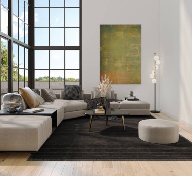 3D tasviri, büyük lüks, modern, parlak iç mekânlar sunuyor. Oturma odasındaki model bilgisayarlar dijital olarak oluşturuluyor.