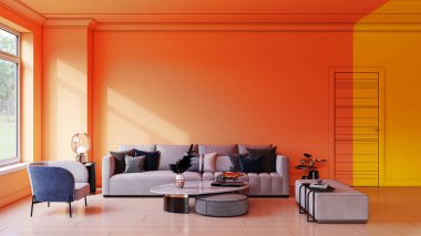 3D tasviri, büyük lüks, modern, parlak iç mekânlar sunuyor. Oturma odasındaki model bilgisayarlar dijital olarak oluşturuluyor.