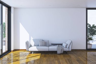 3D tasviri, büyük lüks, modern, parlak iç mekânlar sunuyor. Oturma odasındaki model bilgisayarlar dijital olarak oluşturuluyor.