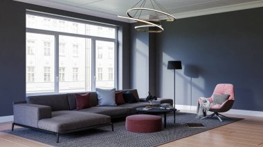 3D tasviri, büyük lüks, modern, parlak iç mekânlar sunuyor. Oturma odasındaki model bilgisayarlar dijital olarak oluşturuluyor.