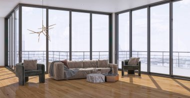 3D tasviri, büyük lüks, modern, parlak iç mekânlar sunuyor. Oturma odasındaki model bilgisayarlar dijital olarak oluşturuluyor.