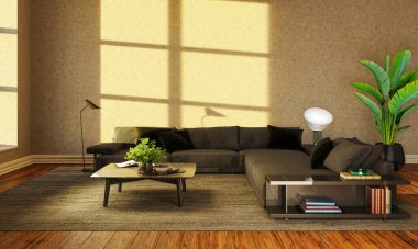 3D tasviri, büyük lüks, modern, parlak iç mekânlar sunuyor. Oturma odasındaki model bilgisayarlar dijital olarak oluşturuluyor.