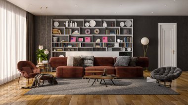 3D tasviri, büyük lüks, modern, parlak iç mekânlar sunuyor. Oturma odasındaki model bilgisayarlar dijital olarak oluşturuluyor.