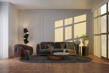 3D tasviri, büyük lüks, modern, parlak iç mekânlar sunuyor. Oturma odasındaki model bilgisayarlar dijital olarak oluşturuluyor.