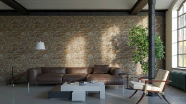 3D tasviri, büyük lüks, modern, parlak iç mekânlar sunuyor. Oturma odasındaki model bilgisayarlar dijital olarak oluşturuluyor.