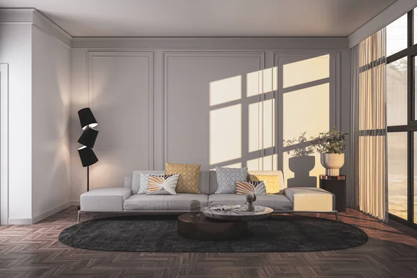 图解3D渲染大型豪华现代明亮的室内客厅计算机模拟数字生成的图像 — 图库照片