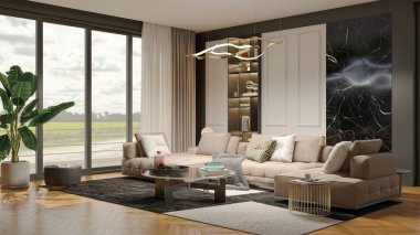 3D tasviri, büyük lüks, modern, parlak iç mekânlar sunuyor. Oturma odasındaki model bilgisayarlar dijital olarak oluşturuluyor.