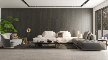 3D tasviri, büyük lüks, modern, parlak iç mekânlar sunuyor. Oturma odasındaki model bilgisayarlar dijital olarak oluşturuluyor.