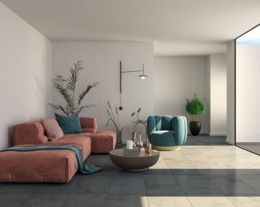 3D tasviri, büyük lüks, modern, parlak iç mekânlar sunuyor. Oturma odasındaki model bilgisayarlar dijital olarak oluşturuluyor.