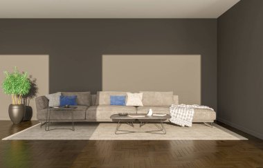 3D tasviri, büyük lüks, modern, parlak iç mekânlar sunuyor. Oturma odasındaki model bilgisayarlar dijital olarak oluşturuluyor.