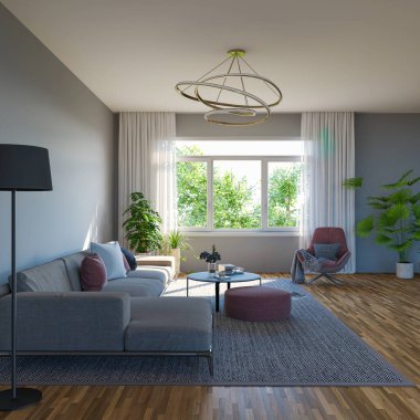 3D tasviri, büyük lüks, modern, parlak iç mekânlar sunuyor. Oturma odasındaki model bilgisayarlar dijital olarak oluşturuluyor.