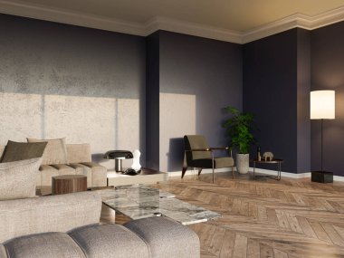 3D tasviri, büyük lüks, modern, parlak iç mekânlar sunuyor. Oturma odasındaki model bilgisayarlar dijital olarak oluşturuluyor.