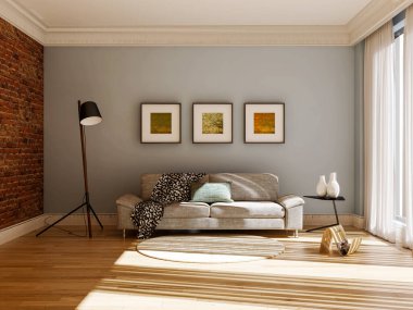 3D tasviri, büyük lüks, modern, parlak iç mekânlar sunuyor. Oturma odasındaki model bilgisayarlar dijital olarak oluşturuluyor.