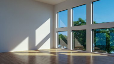 3D tasviri, büyük lüks, modern, parlak iç mekânlar sunuyor. Oturma odasındaki model bilgisayarlar dijital olarak oluşturuluyor.