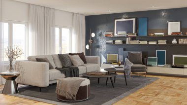 3D tasviri, büyük lüks, modern, parlak iç mekânlar sunuyor. Oturma odasındaki model bilgisayarlar dijital olarak oluşturuluyor.