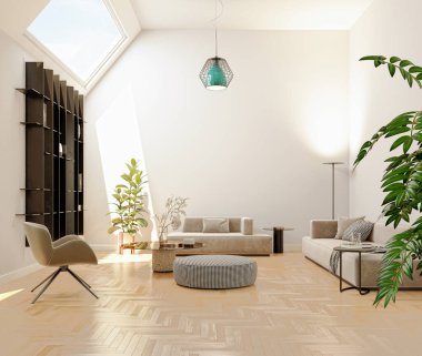 3D tasviri, büyük lüks, modern, parlak iç mekânlar sunuyor. Oturma odasındaki model bilgisayarlar dijital olarak oluşturuluyor.