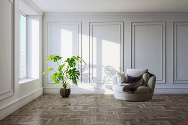 3D tasviri, büyük lüks, modern, parlak iç mekânlar sunuyor. Oturma odasındaki model bilgisayarlar dijital olarak oluşturuluyor.