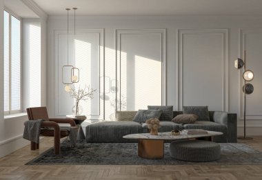 3D tasviri, büyük lüks, modern, parlak iç mekânlar sunuyor. Oturma odasındaki model bilgisayarlar dijital olarak oluşturuluyor.