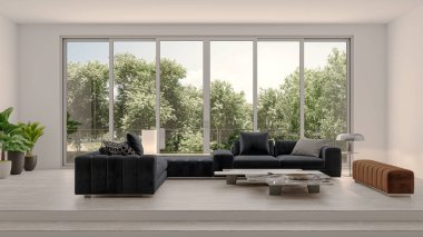 3D tasviri, büyük lüks, modern, parlak iç mekânlar sunuyor. Oturma odasındaki model bilgisayarlar dijital olarak oluşturuluyor.