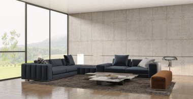 3D tasviri, büyük lüks, modern, parlak iç mekânlar sunuyor. Oturma odasındaki model bilgisayarlar dijital olarak oluşturuluyor.