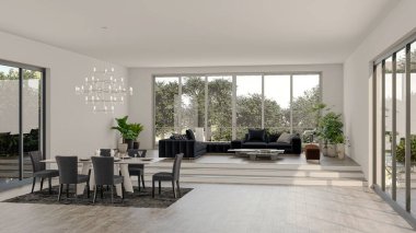 3D tasviri, büyük lüks, modern, parlak iç mekânlar sunuyor. Oturma odasındaki model bilgisayarlar dijital olarak oluşturuluyor.