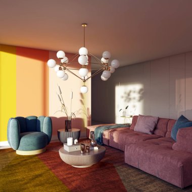 3D tasviri, büyük lüks, modern, parlak iç mekânlar sunuyor. Oturma odasındaki model bilgisayarlar dijital olarak oluşturuluyor.