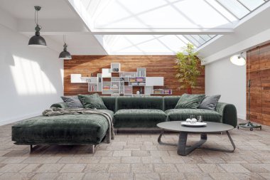 3D tasviri, büyük lüks, modern, parlak iç mekânlar sunuyor. Oturma odasındaki model bilgisayarlar dijital olarak oluşturuluyor.