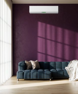 Büyük lüks, modern, aydınlık bir oturma odası. Klima modelleme çizimi 3D.