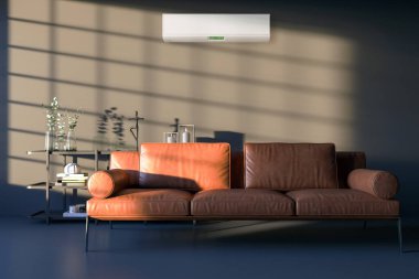 Büyük lüks, modern, aydınlık bir oturma odası. Klima modelleme çizimi 3D.