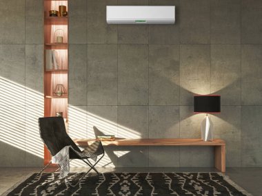 Büyük lüks, modern, aydınlık bir oturma odası. Klima modelleme çizimi 3D.